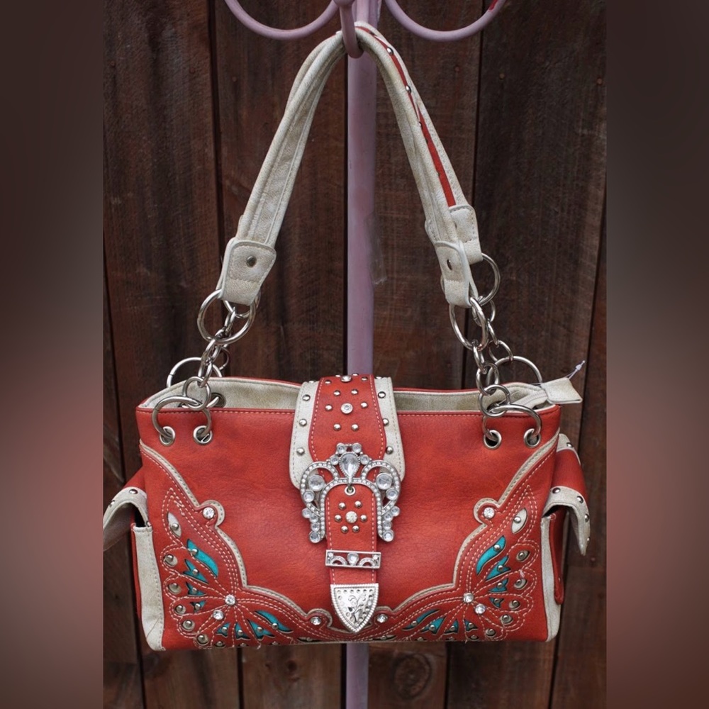 Orange and Turquoise Studded  Accented Western Style Satchel Handbag